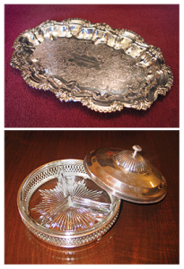 Engraved tray (above) and silver candy dish (below), souvenirs of the 1959 and 1965 Sessions, respectively.