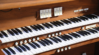 Close-up of the House of the Temple pipe organ's keyboard