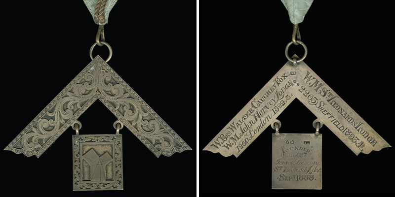 Front and Back of Collar. English. Silk grosgrain, gold trim, and pewter. c. 1890s. 2016.12.334 Inscription: “W. Bro. Walter Caughey Fox, W. M. John Hervey Lodge, 1260 London, 1892-3; W. M. St. Leonard’s Lodge, 2263 Sheffield, 1893–4. … Founder and 1st Junior Deacon St. Leonard’s Lodge, Sept. 1888.” Credit: Archives of the Supreme Council, 33°, SJ, USA