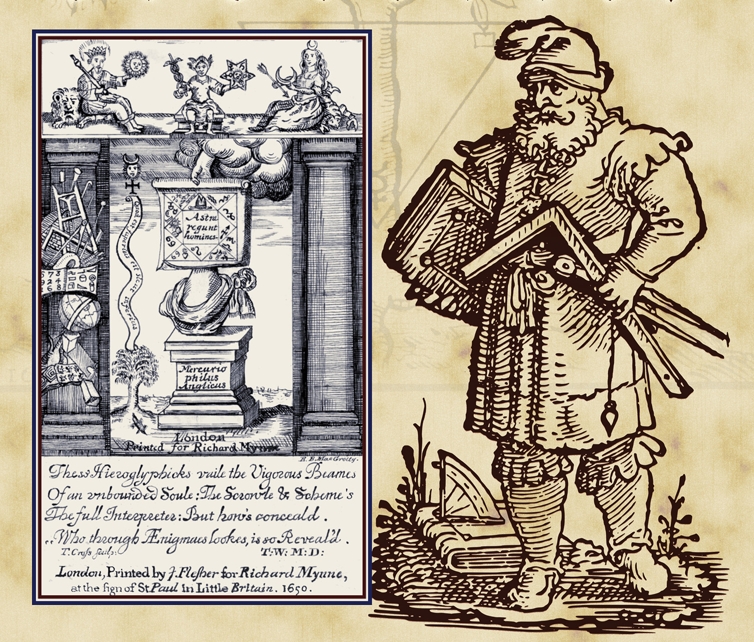 Detail of the front cover of the March/April 2017 Scottish Rite Journal. Left: Illustration by E. B. MacGrotty, 33°, from A. de Hoyos, Albert Pike’s Esoterika (Washington, DC , 2008). Right from J. Stöffler, Künstlicher Abmessung aller Grösse (Frankfurt am Main, 1536)