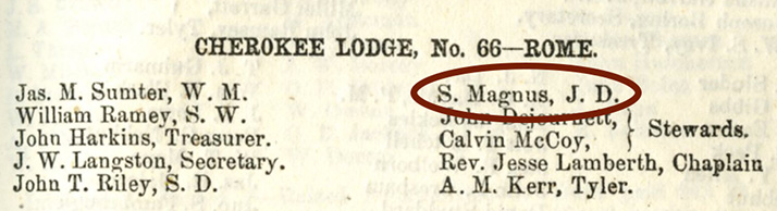 Detail of of the 1855 "Annual Communication" of the Grand Lodge of Georgia listing "S. Magnus" as the Junior Deacon of Cherokee Lodge No. 66 in Rome, GA