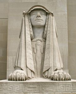 The Sphinx of Wisdom, with its eyes closed, is one of two giant limestone figures that flank the front entrance to the House of the Temple in Washington, DC.