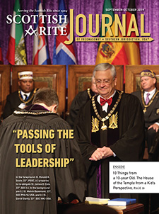 Cover of the September-October 2019 Scottish Rite Journal, with the subtitle "Passing the Tools of Leadership;" In the foreground, Ill. Ronald A. Seale, 33°, PSGC, (r.) prepares to re-obligate Ill. James D. Cole, 33°, SGC (l.). In the background are (l.) Ill. Melvin Bazemore, 33°, SGC PHA NJ USA, and (r.) Ill. David Glattly, 33°, SGC NMJ USA.