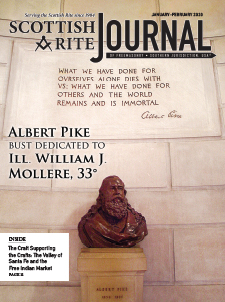 January-February 2020 Scottish Rite Journal Cover – Photo of Albert Pike Bust at the House of the Temple, "Albert Pike Bust Dedicated to Ill. William J. Mollere, 33°"