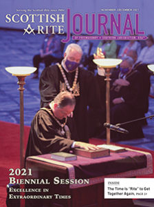 November-December 2021 Scottish Rite Journal Cover: SGC James D. Cole, 33°, and Rev. Dr. W. Kenneth Lyons, Jr., 33°, Grand Cross, Gr. Chaplain, closing the 2021 Biennial Session