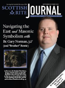 Br. Gary Norman and an inset photo of his service dog Bowie with the title, "Navigating the East and Masonic Symbolism with Br. Gary Norman, 32° (and 'Brother' Bowie")