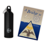 Water bottle with 32° Scottish Rite Eagle logo and cover to A Bridge to Light book