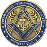 This side of the 2023 Biennial Session coin has a sprig of acacia to the left and right sides of a square and compasses emblem with an anchor in its center. Around the coin’s outside border are the words “Freemasonry—The Anchor of Society” at the top and “August 20–22, 2023” at the bottom.