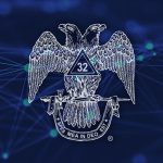 Official 32nd Degree Scottish Rite, SJ, Double-headed Eagle in front of an array of connecting lines on a blue background