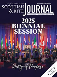 Front Cover of the November/December 2025 Scottish Rite Journal. Main Title Text: "2025 Biennial Session: Unity of Purpose." Group photo from Monday's Public Session of the Supreme Council showing the stage with members of the Supreme Council, SJ, and invited guests and the flags from numerous countries. Text in Bottom Corner: Masonry & Music, pp. 14, 16, 28, 31.