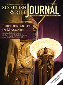 Cover of the March/April 2026 Scottish Rite Journal: An ornate, bronze torchère in the Temple Room of the House of the Temple in Washington, D.C., illuminates one of the room's green granite pillars and bronze serpent window decorations. Text: "Further Light in Masonry. Light Symbolism in Nature, the Dark North, the Kadosh Degrees, and a 'Bright Book' (pp. 3–12.) Each Empty Seat Tells a Story, p. 21."