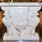 Marble table in the House of the Temple's Atrium with the Latin inscription "Salve Frater" ("Welcome Brother")