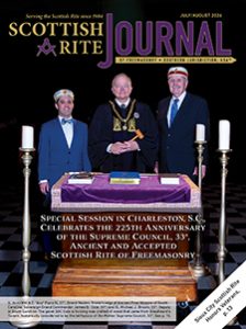 "Special Session in Charleston, S.C., Celebrates the 225th Anniversary of the Supreme Council, 33°, Ancient and Accepted Scottish Rite of Freemasonry." Photo: (l. to r.) MW A.C. "Acy" Flora IV, 33°, Grand Master, Grand Lodge of Ancient Free Masons of South Carolina; Sovereign Grand Commander James D. Cole, 33°; and Ill. Michael J. Broom, 33°, Deputy in South Carolina. The gavel SGC Cole is holding was crafted of wood that came from Shepheard's Tavern, historically considered to be the birthplace of the Mother Supreme Council, 33°. See p. 10.